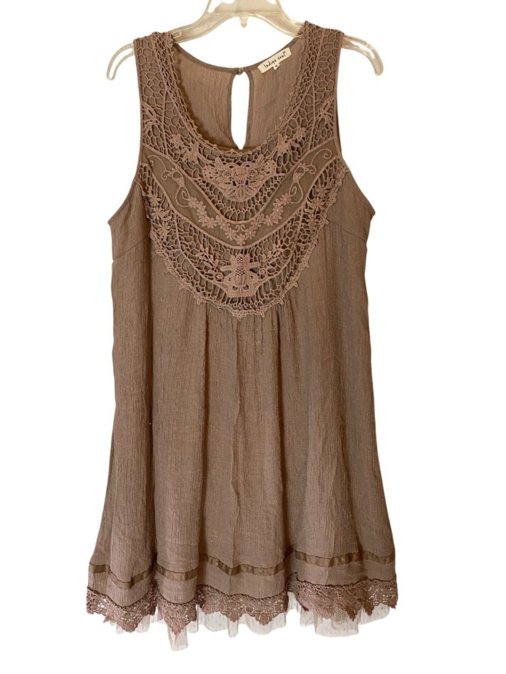 Indigo Soul Brown Sleeveless Tunic Top Crochet Accents & Lace Trim Hem XL